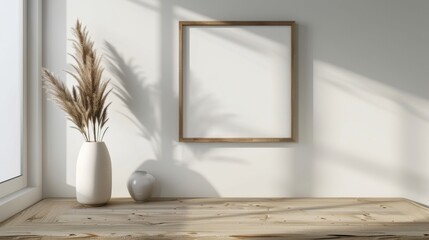 A minimalist home office with white walls and a wooden desk. The desk features a blank picture frame and a small desk organizer. Bright