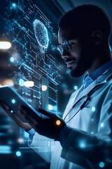 African American man using tablet, reviewing hi-tech neural diagnostic data.