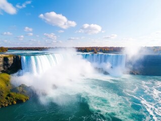 A stunning view of a waterfall cascading into a river, surrounded by mist and a clear blue sky, showcasing the beauty of nature.