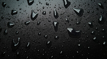 Close-up of Water Droplets on a Dark Smooth Surface