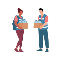 two people man and woman carrying boxes of water volunteer concept