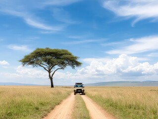 A serene landscape featuring a vehicle driving along a dirt road under a blue sky, with a large tree standing amidst golden grasslands.