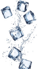 Ice cubes with water splash and drops. Cold mineral water, natural aqua or cocktail drink realistic vector splashes or frozen motion ripples with ice cubes. Refreshing beverage, soda isolated fizz