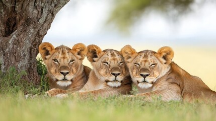 Fototapeta premium Three lions lie peacefully together under a tree, showcasing their tranquil bond in a natural setting.