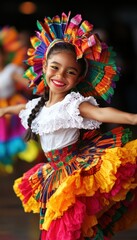 Fototapeta premium A joyful young girl dances in vibrant traditional dress, showcasing colorful ruffles and a decorative headdress, embodying cultural celebration and happiness.