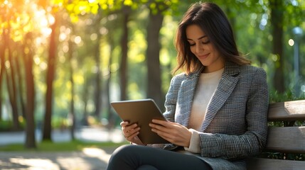 Obraz premium Young Woman Using Tablet in a Park