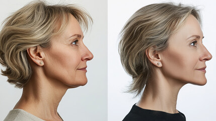 A middle-aged woman displays a striking transformation, highlighting the effects of cosmetic procedures on her skin's appearance, showcasing rejuvenation and aging contrast, facelift and facial surger