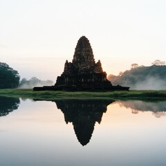 Fototapeta premium A serene temple stands reflected in calm waters, surrounded by misty landscapes at dawn, evoking a sense of tranquility and ancient beauty.