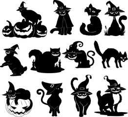 Halloween Black Cat Silhouettes. Vector Hand Drawn Collection Set Isolated On Transparent Background