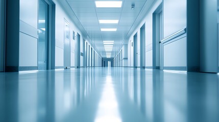 abstract defocused blurred technology space background, empty business corridor or shopping mall. Medical and hospital corridor defocused background with modern laboratory . 