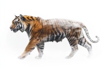 A majestic tiger walking gracefully through a misty forest at dawn's gentle light