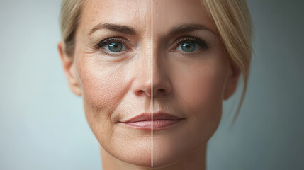 A middle-aged woman's face is split in half, showcasing the differences between aging signs and rejuvenated skin following cosmetic procedures. facelift and facial surgery, botox, threads, fillers