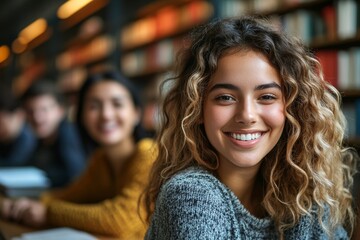 Group of happy students in university library, Generative AI
