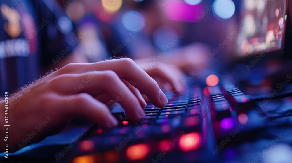 Poster a dedicated gamer intently types on a sleek mechanical keyboard, surrounded by colorful lights and e