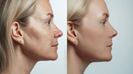 The visual showcases a middle-aged woman's face split in half, revealing distinct signs of aging and rejuvenation after cosmetic enhancements such as facelifts and fillers, facial surgery