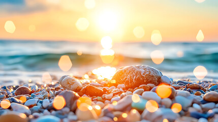 Obraz premium serene beach scene featuring smooth pebbles and shells on shore, illuminated by warm glow of sunset. gentle waves create tranquil atmosphere, enhancing beauty of nature