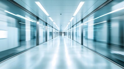 Naklejka premium abstract defocused blurred technology space background, empty business corridor or shopping mall. Medical and hospital corridor defocused background with modern laboratory . 