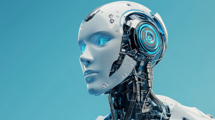 Obraz premium A landing page design for artificial intelligence and machine learning, featuring a banner that highlights AI concepts like chatbots and digital assistants. The graphic includes a cyber robot engaged 