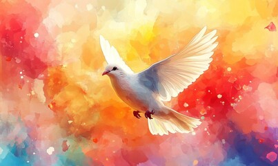 Obraz premium Holy Spirit. Dove on abstract colorful watercolor background. Digital art painting. Illustration, Generative AI