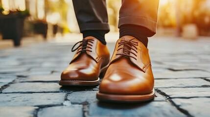Elegant Brown Shoes on Cobblestone Pathway