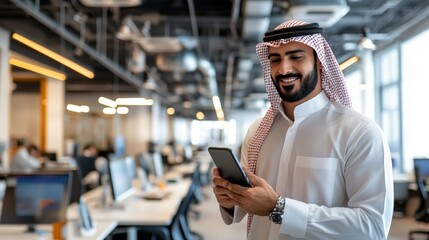 Obraz premium Smiling Middle Eastern Businessman in Traditional Outfit Using Smartphone in a Modern Office Setting