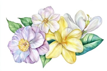 Obraz premium Watercolor Bouquet of White, Yellow and Purple Flowers with Green Leaves, watercolor, floral , botanical