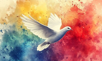 Fototapeta premium Holy Spirit. Dove on abstract colorful watercolor background. Digital art painting. Illustration, Generative AI