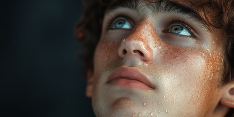 Touched by His Grace. Close-up of a beautiful young man looking up with tears in her eyes. Christian concept, Generative AI