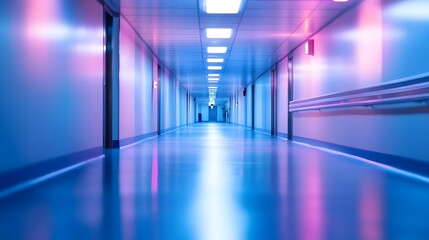 abstract defocused blurred technology space background, empty business corridor or shopping mall. Medical and hospital corridor defocused background with modern laboratory . 