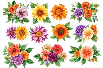 Watercolor Floral Bouquet with Sunflowers, Roses, and Dahlias, floral arrangements, watercolor art