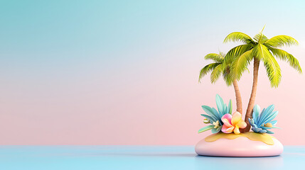 Obraz premium vibrant tropical island scene featuring palm trees and colorful flowers, evoking sense of paradise and relaxation. soft pastel background enhances cheerful atmosphere