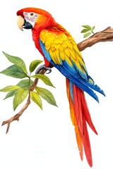 Obraz premium Watercolor Illustration of a Red-and-Green Macaw Perched on a Branch, Watercolor, Bird, Parrot