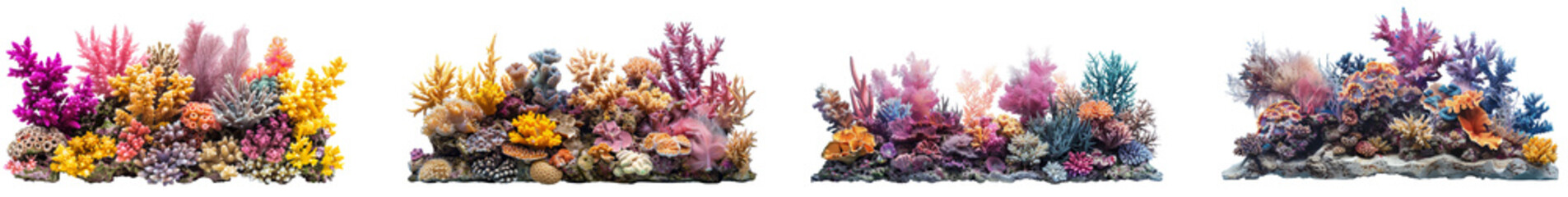 Fototapeta premium Vibrant coral reef display featuring diverse marine life decor. Set of png on transparent background