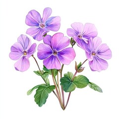 Watercolor Illustration of Delicate Purple Flowers with Green Leaves, botanical art, watercolor art , floral art