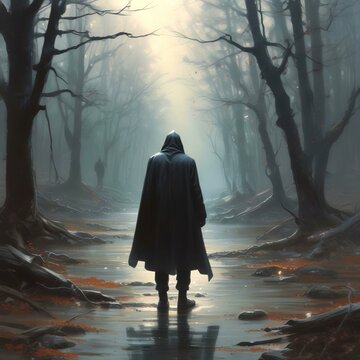 Illustration of man in cloack with spooky environment.