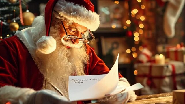 Santa Claus writes a letter in a cozy Christmas room . Beautiful magical Christmas atmosphere. Happy New Year and Merry Christmas. 