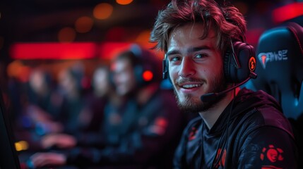 Obraz premium A focused gamer displays excitement and confidence while playing in an esports tournament, surrounded by teammates in a lively, illuminated arena setting.