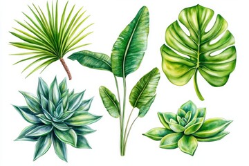 Watercolor Illustration of Tropical Plants, Monstera, Succulent, Banana Leaf, Palm Tree, Botanical Illustration, Greenery