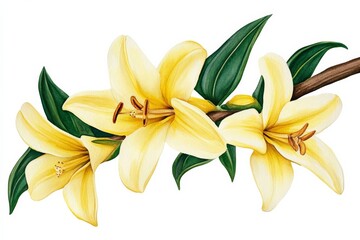 Obraz premium Watercolor Painting of Yellow Lilies with Green Leaves, watercolor , floral art, lily flower, botanical painting, floral illustration