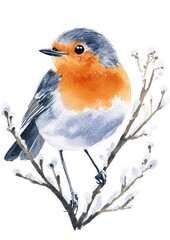 Fototapeta premium Watercolor Robin Perched on a Snowy Branch, Winter Bird, Nature Art