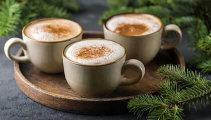 Obraz premium Ceramic mugs of cappuccino with foam on wooden tray. Tasty drink. Hot beverage. Green fir branches