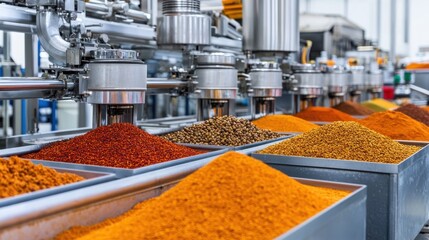 Modern industrial machines processing and sorting colorful spices in a large-scale spice factory