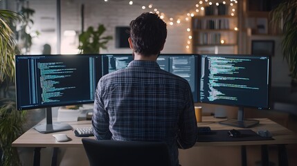 Man Working Late At Night In Front Of Multiple Monitors With Code On The Screen
