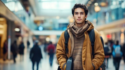 Naklejka premium Young Man in Cozy Sweater in Busy Shopping Mall
