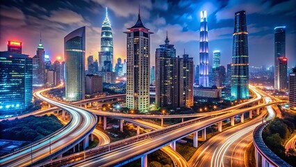 Fototapeta premium Futuristic Shanghai Nightscape: Neon Highways and Illuminated Skyscrapers