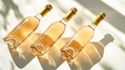 Three bottles of chilled sparkling white wine set on a white background isolated. The bottles are full and the sunlight casts shadows on them. Summer's alcoholic drink rose wine, top view.