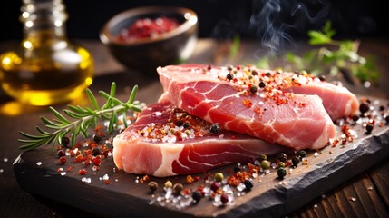 A close-up of raw pork fillet with seasoning on a wooden table