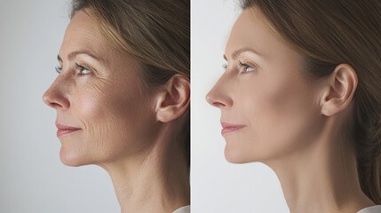 A middle-aged woman displays a stunning contrast between aging and rejuvenated skin on her face, illustrating the effects of cosmetic procedures and treatments, facelift and facial surgery, botox