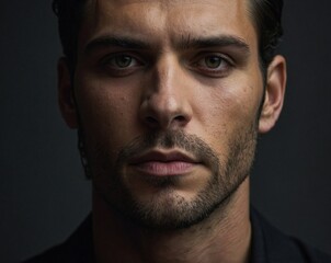 Obraz premium Stunning high-fashion portrait of a man with intense gaze in a dimly lit studio setting, highlighting elegant attire and sharp features.