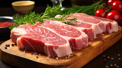 Fototapeta premium Fresh raw pork chops ready for marinating on a cutting board